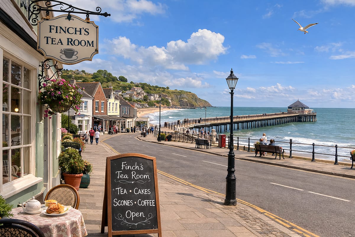 A postcard of Finch’s Tea Room: a hanging sign with a teacup on it, a chalkboard offering tea, cakes, scones and coffee, a table laid with a teapot and a scone, and the promenade and the pier beyond.