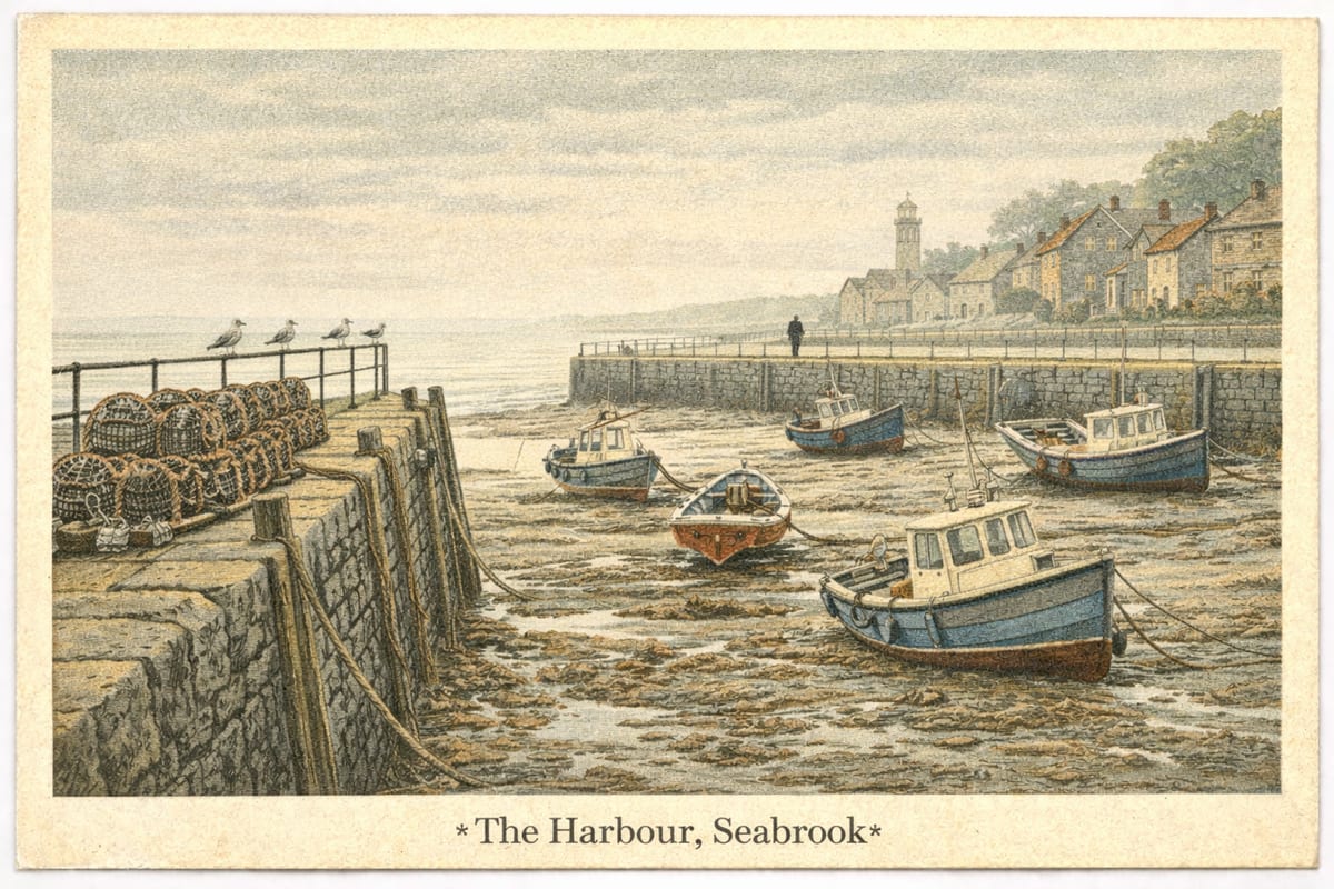 A postcard of the harbour, Seabrook, at low tide: fishing boats resting on the mud inside the stone wall, lobster pots stacked on the quay, four gulls on a railing and one figure walking the far wall.