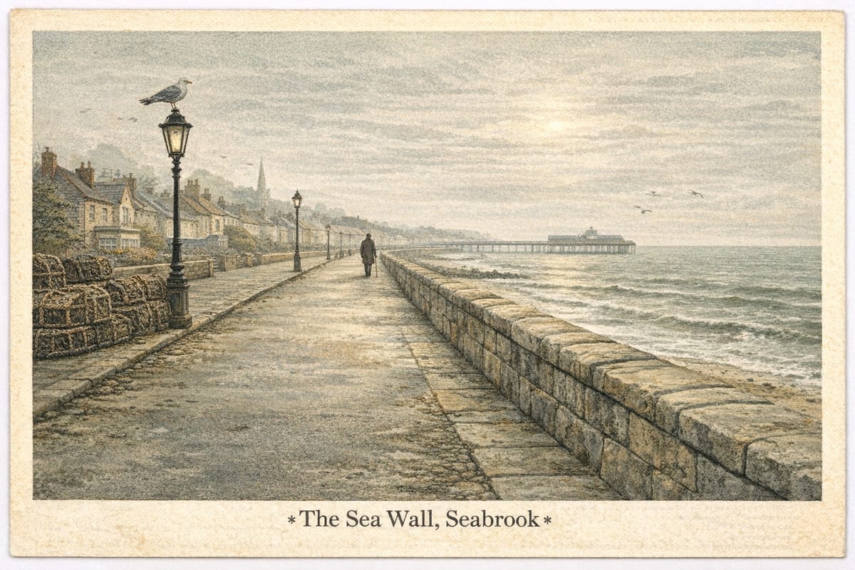 A postcard of the sea wall, Seabrook: one walker with a stick on the stone promenade, a gull on a lamp standard, terraced houses and a spire to the left, and the pier in the distance across a grey sea.