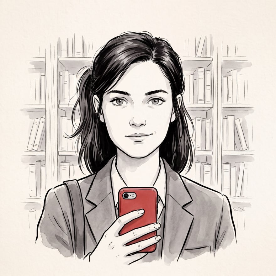 Alice Penrose in ink and grey wash: a dark-haired girl of sixteen in a school blazer, a bag strap over one shoulder and a red phone in her hand, with shelves of books behind her.