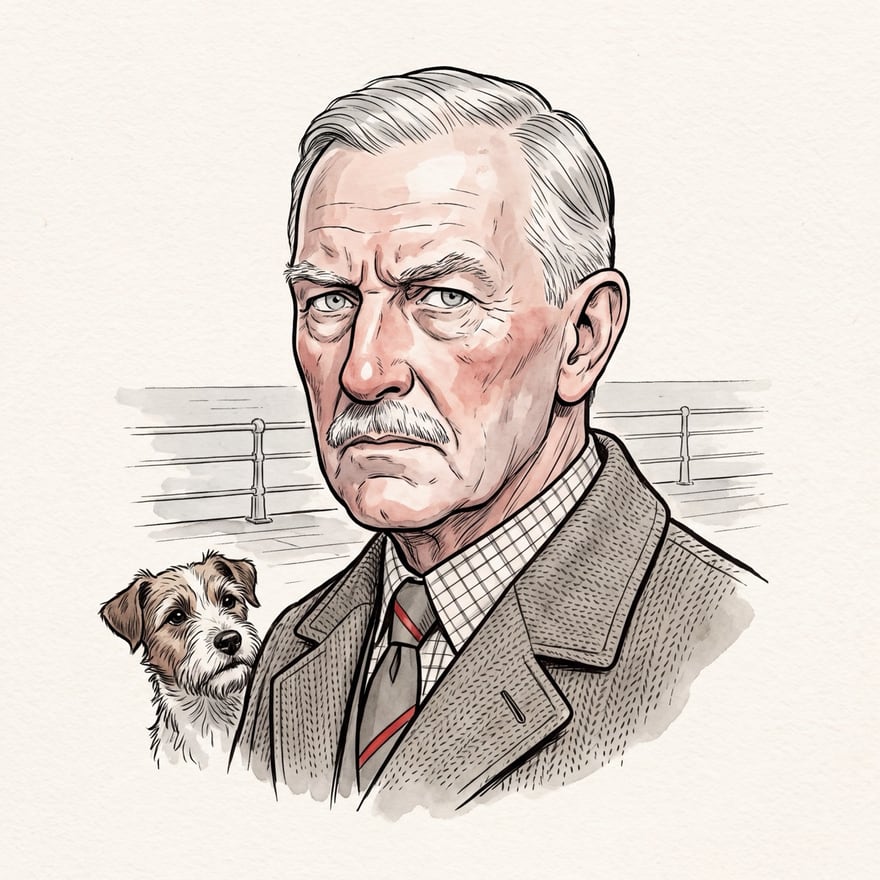 Colonel Withers in ink and grey wash: a straight-backed man of about seventy with a clipped grey moustache, in a tweed coat, a checked shirt and a striped tie, with Biscuit, a small brown and white dog, beside him and the pier railings behind.