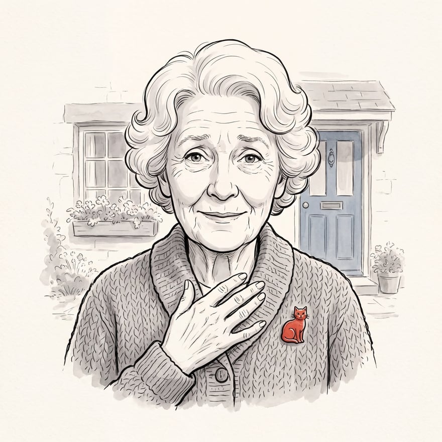 Dora Tilling in ink and grey wash: a slight, white-haired woman in a hand-knitted cardigan with a small red cat brooch, one hand pressed to her chest, outside a cottage with a blue front door and a window box.