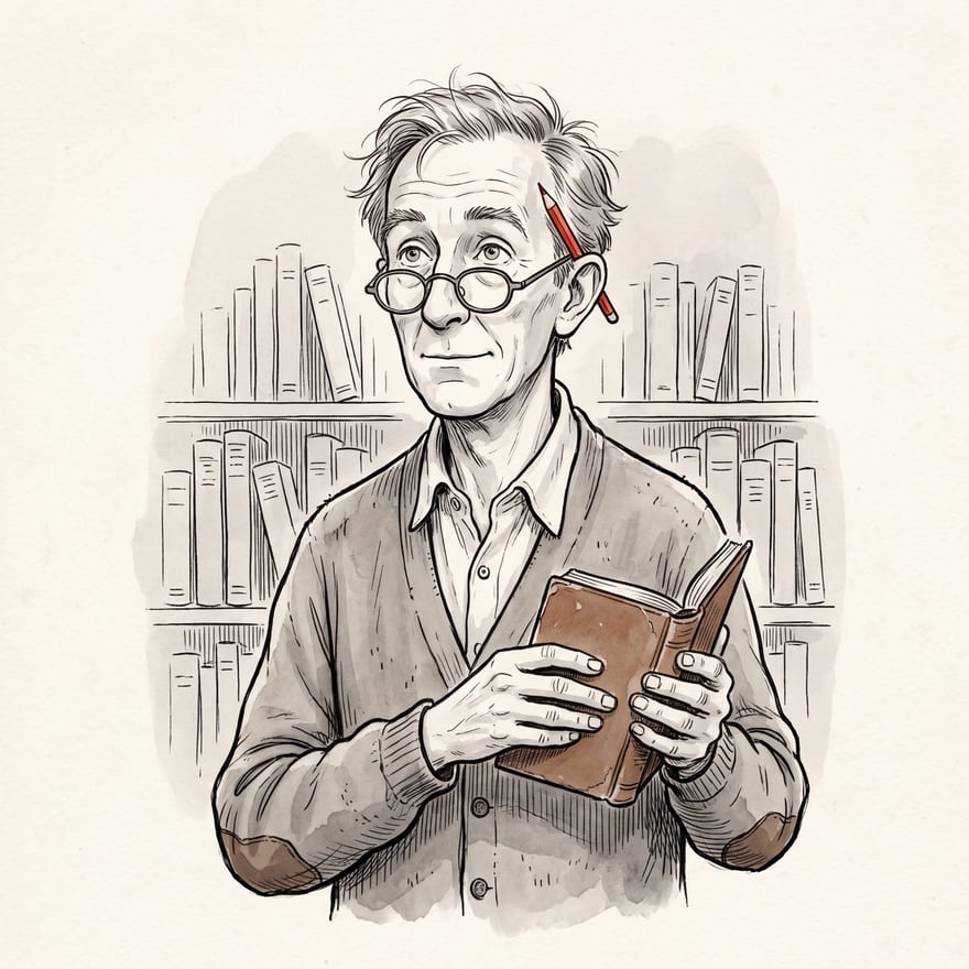 Lionel Harper in ink and grey wash: a thin man with untidy grey hair, wire-rimmed glasses low on his nose and a red pencil behind his ear, in a cardigan with elbow patches, holding an open book among his shelves.