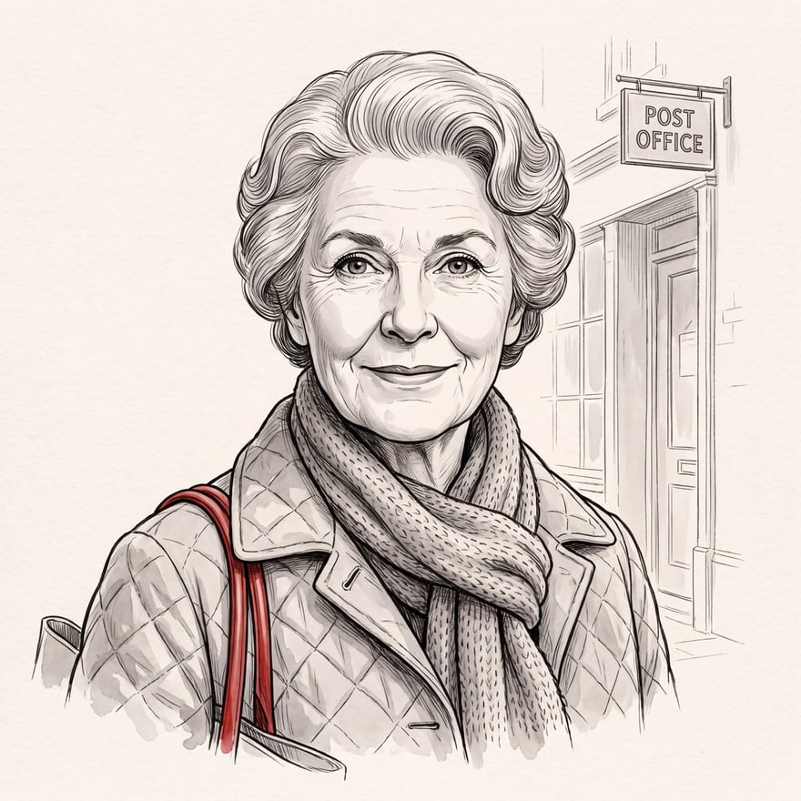 Mavis Pritchard in ink and grey wash: a woman with neatly set grey hair in a quilted coat and a knitted scarf, a red-handled shopping bag on her shoulder, outside the post office.