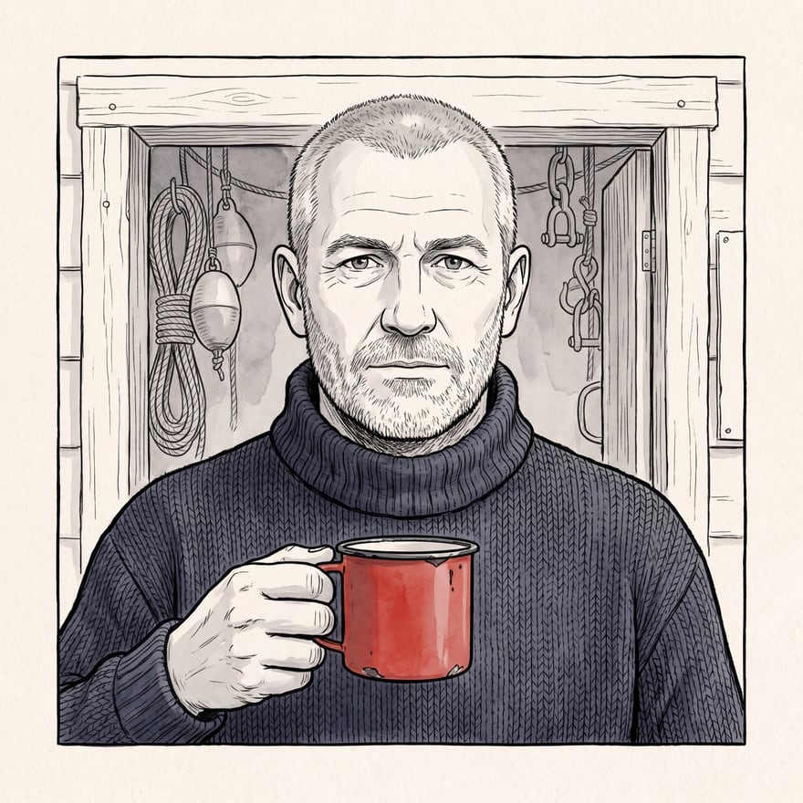 Tom Bennett in ink and grey wash: a large, weathered man with close-cropped grey hair and a short grizzled beard, in a navy fisherman’s jumper, holding a chipped red enamel mug in the chandlery doorway among ropes and buoys.